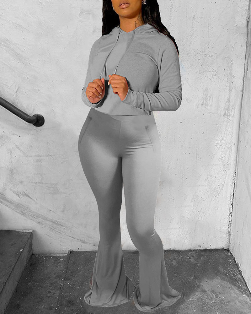 

Hooded Top & High Waist Bootcut Pants Set, Gray