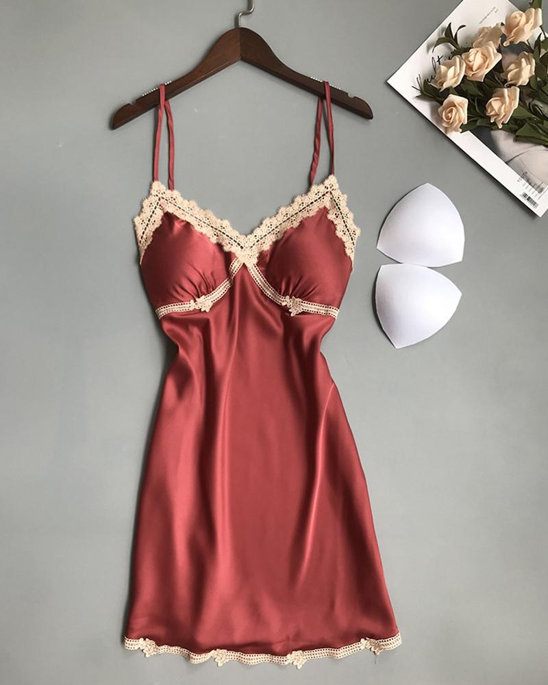 

Lace Trim Satin Padded Babydoll, Red