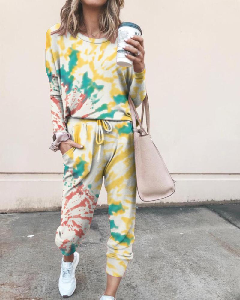 Tie Dye Print Top & Drawstring Pants Set