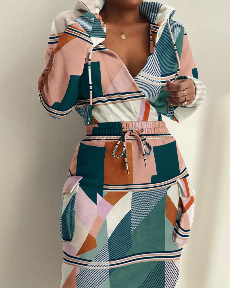 

Geo Print Drawstring Hooded Sweatshirt Dress, Multicolor