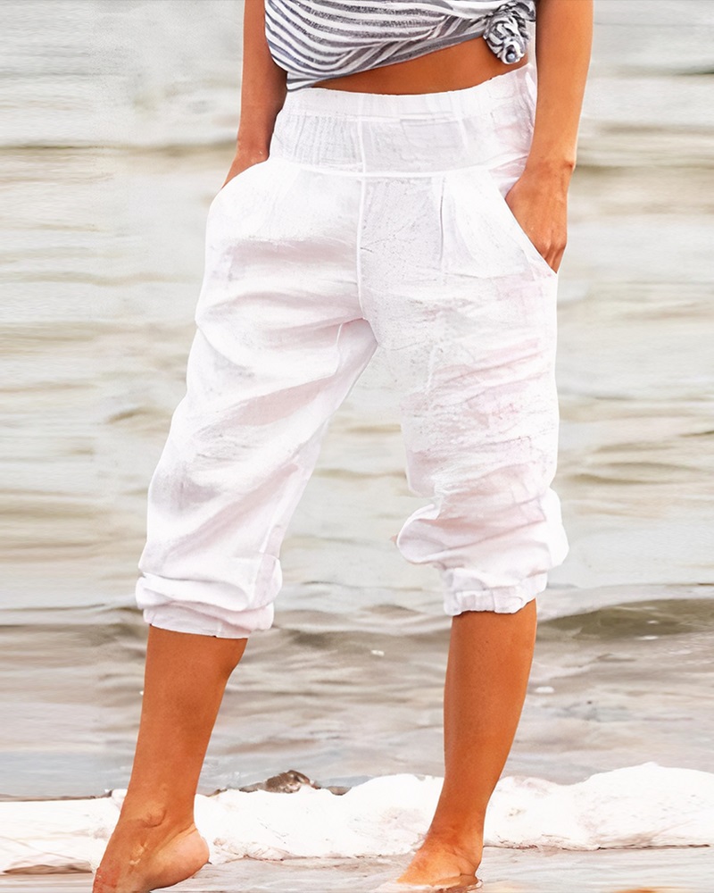 

Plain High Waist Capris Pants, White
