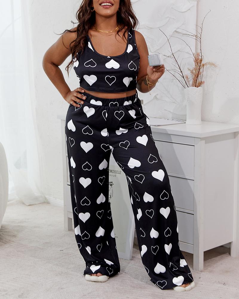 

Plus Size Heart Print Thick Strap Wide Leg Pajamas Set, Black