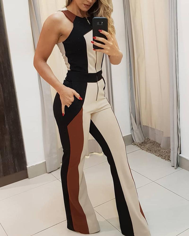

Colorblock Zipper Up Sleeveless Jumpsuit, Multicolor