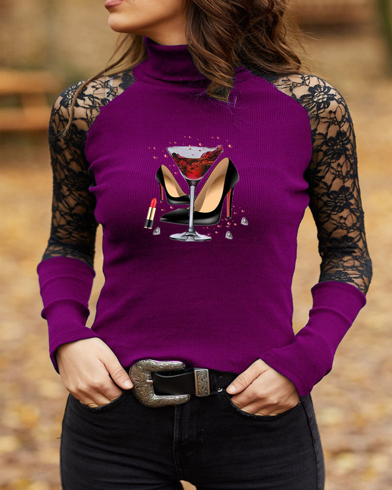 

Graphic Print Contrast Lace Long Sleeve Ribbed Top, Purple