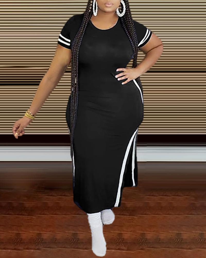 

Plus Size Striped Print Maxi Slit Dress, Black