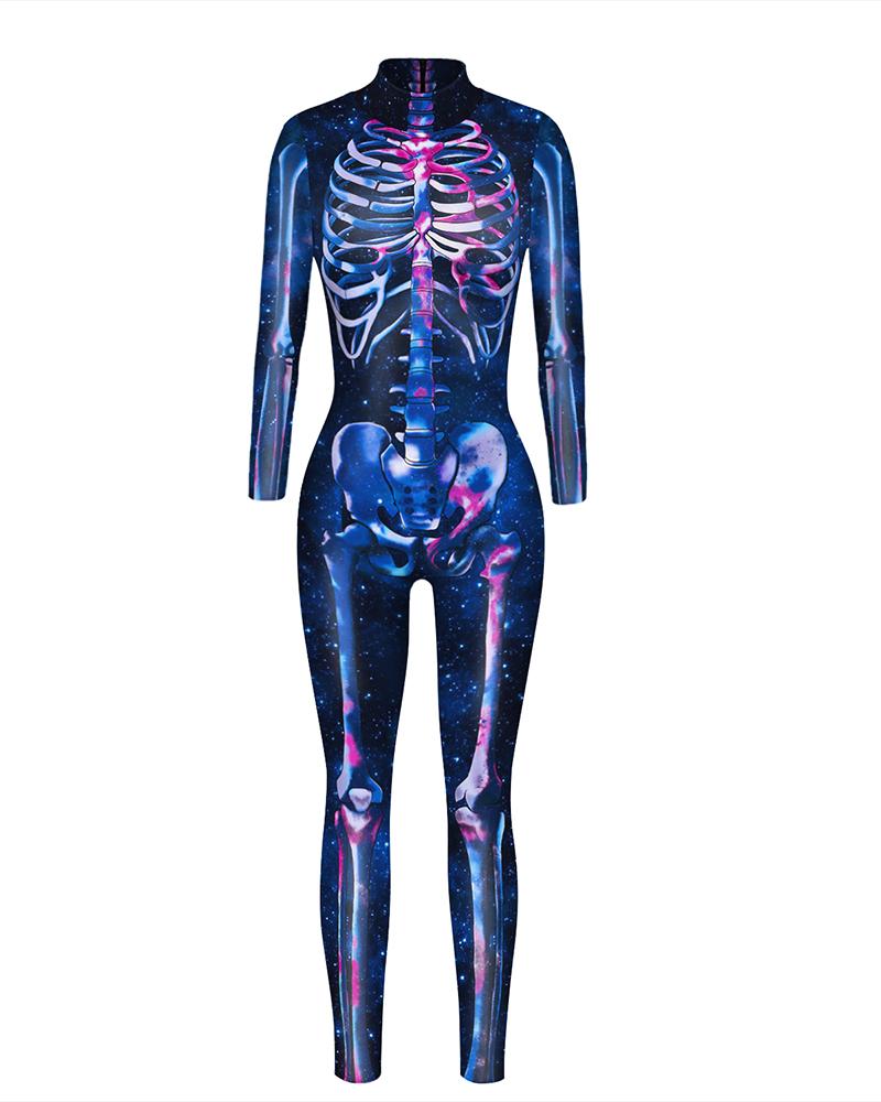 

Skull Skeleton Print Zip Back Halloween Costume Jumpsuit, Style5
