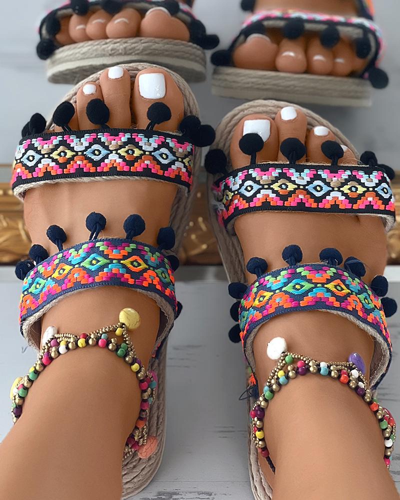 

Pom Pom Double Strap Beach Slippers, Multicolor