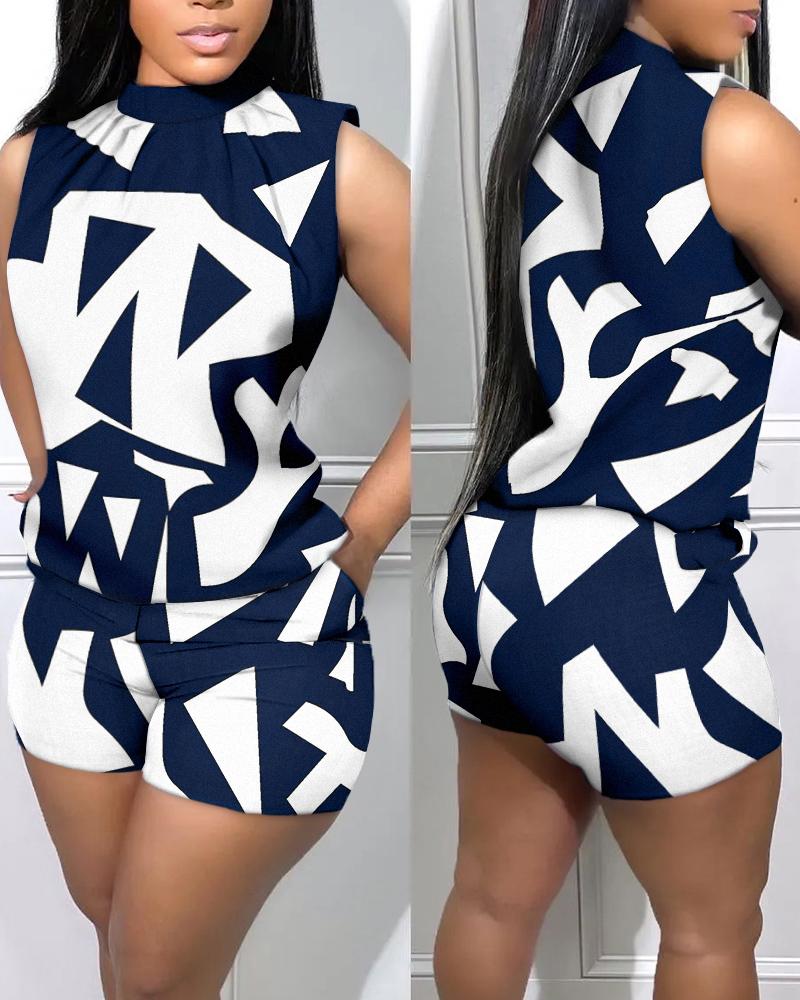 

Geometric Print Casual Tank Top & Shorts Set, Purplish blue