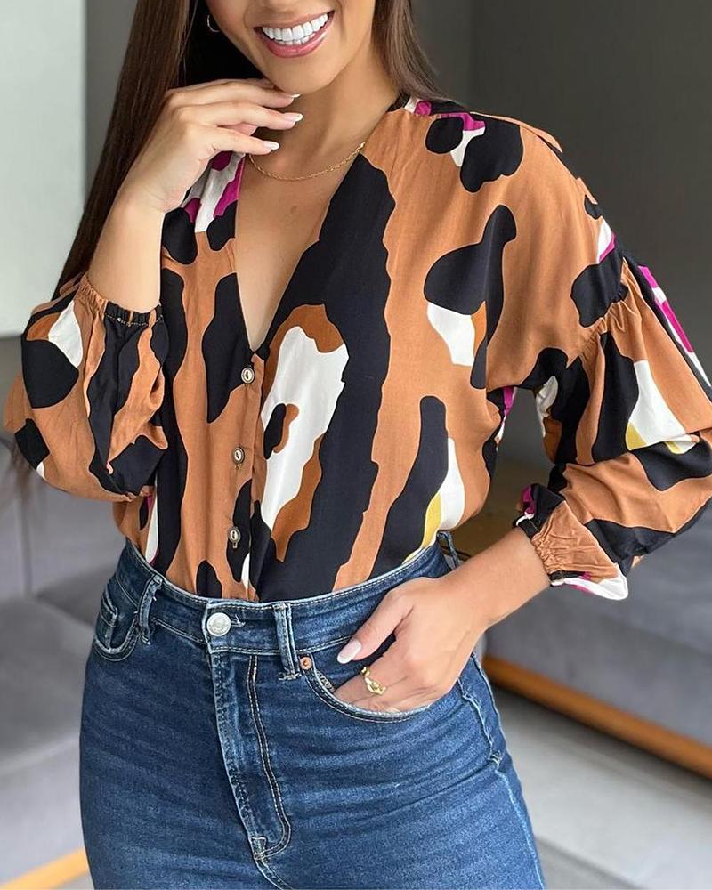 

Cow Print V-Neck Buttoned Top, Brown