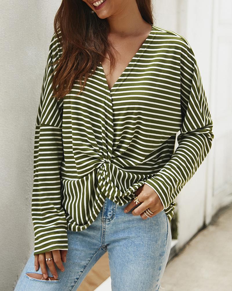 

Long Sleeve V-neck Twist Front Striped Top, Army green