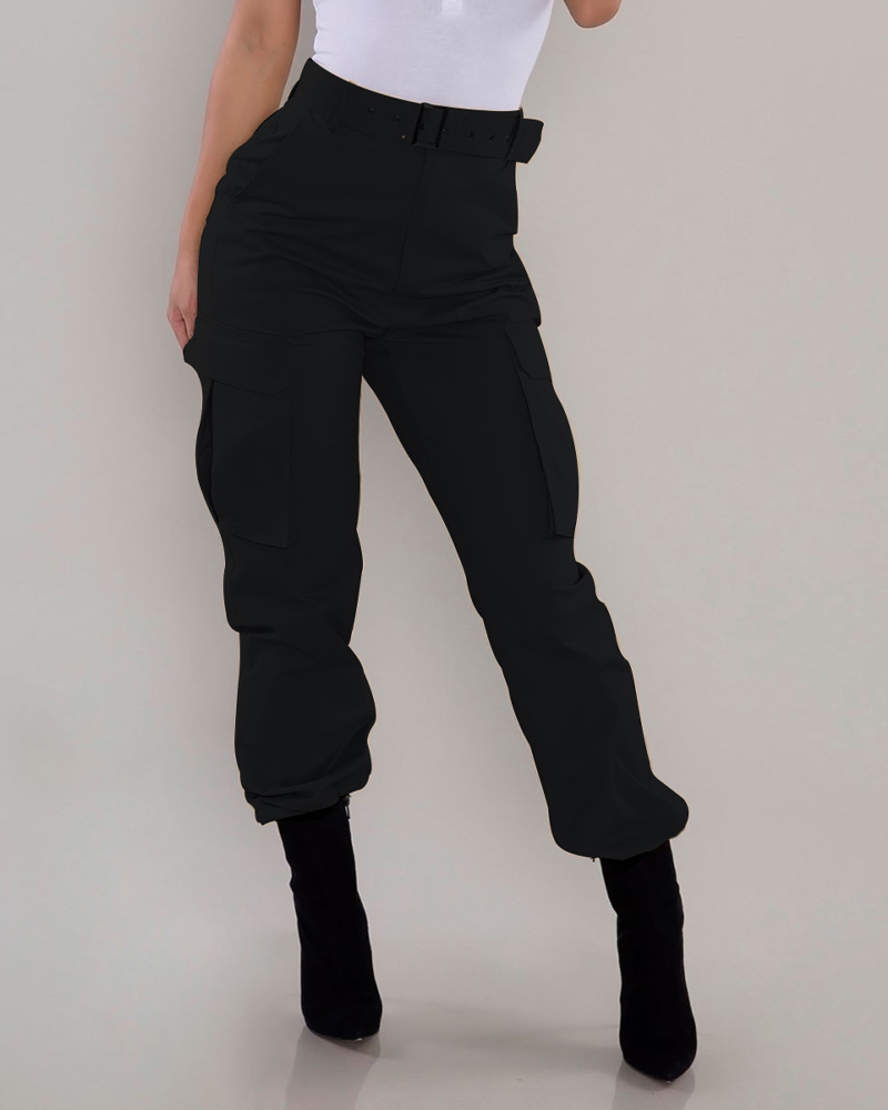 

Zipper Fly Flap Pocket Cargo Pants, Black