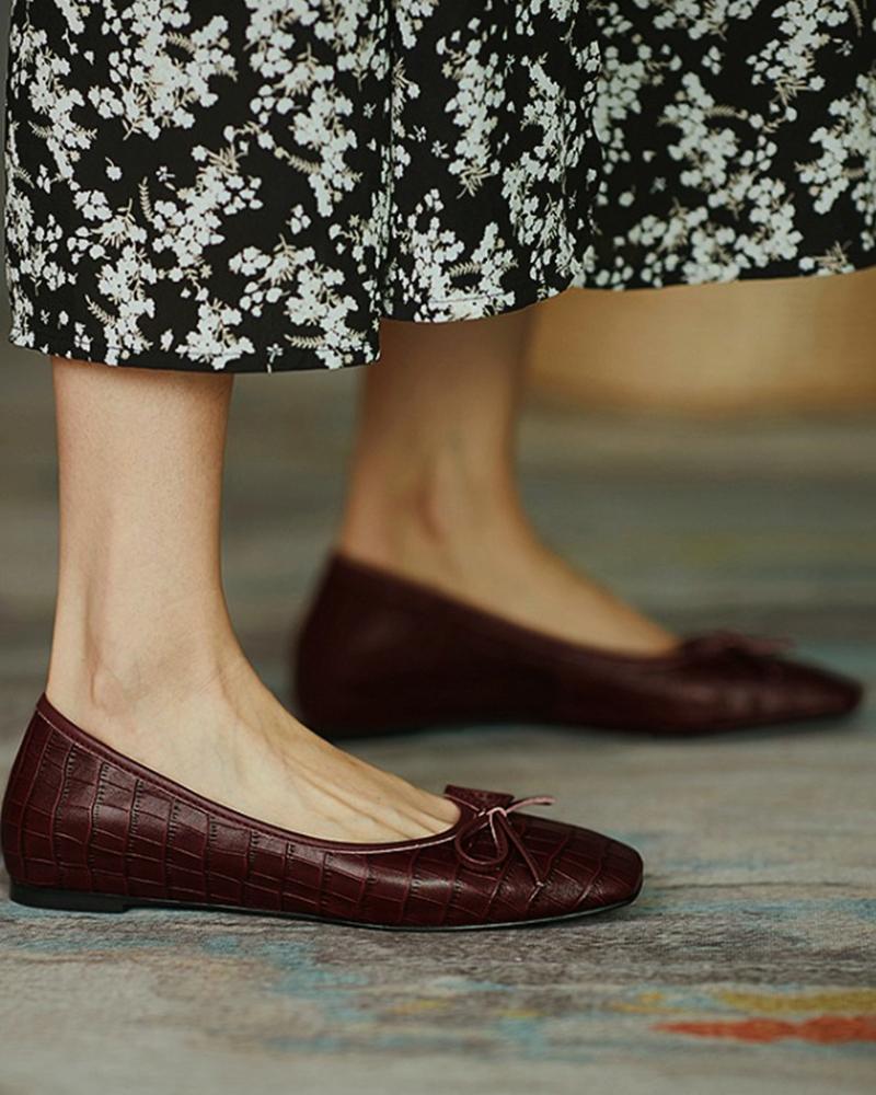 

Croc Embossed Bowknot Front Slip On Flats, Wine red