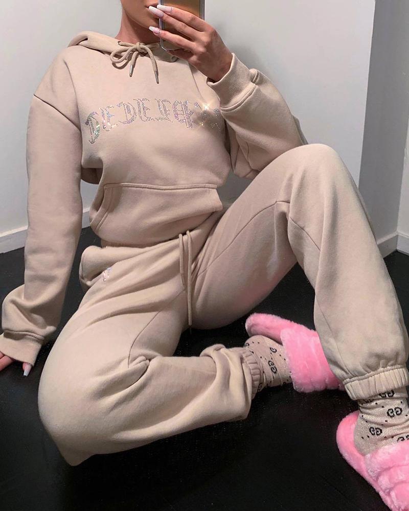 

Letter Print Long Sleeve Hooded Top & Pants Set, Khaki