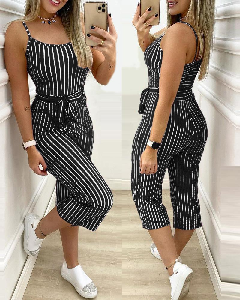 

Striped Colorblock Cropped Jumpsuit With Belt, Black