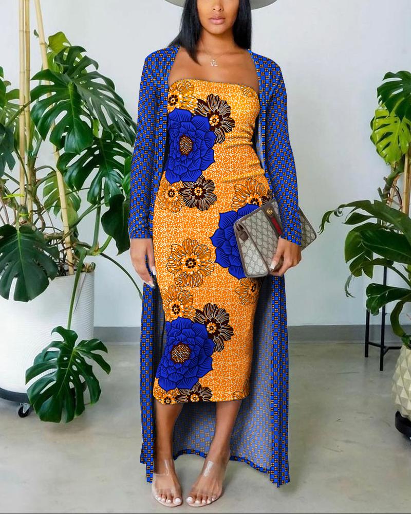 

Floral Print Bandeau Dress With Allover Print Longline Cardigan Set, Blue