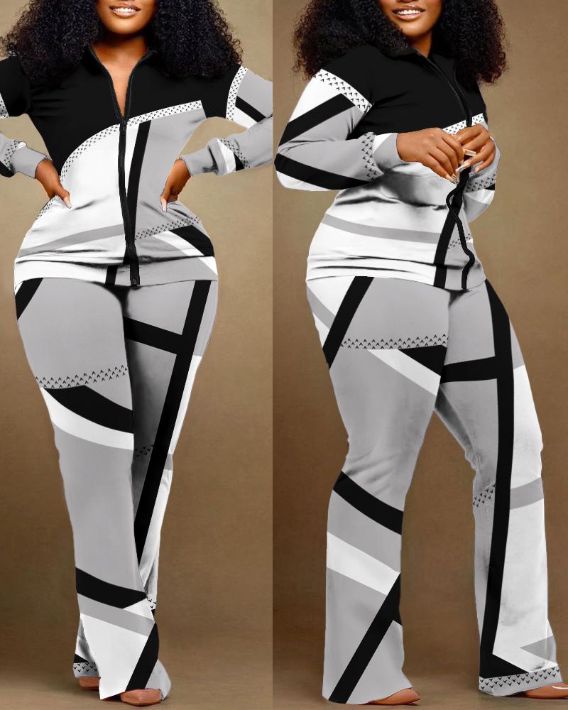 

Plus Size Geometric Print Zip Up Top & Pants Set, Gray