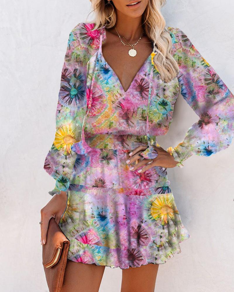 

Tie Dye Floral Print Long Sleeve Skinny Waist Mini Dress, Multicolor