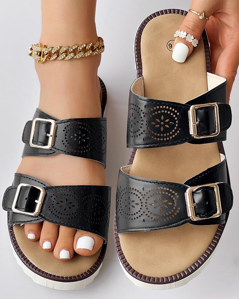 

Hollow Out Buckled Summer Slippers, Black