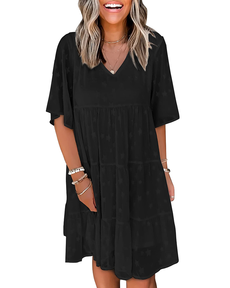 

Star Pattern V-Neck Casual Dress, Black