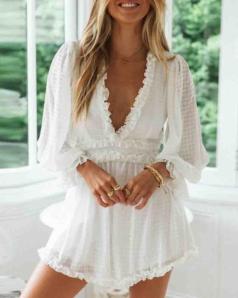 

Ruffles Lantern Sleeve Backless Romper, White