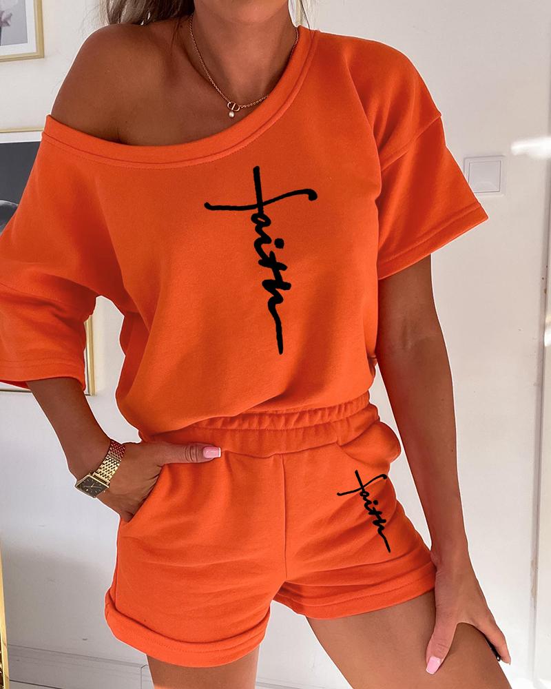 

Letter Print Short Sleeve Top & Pocket Design Shorts Set, Orange