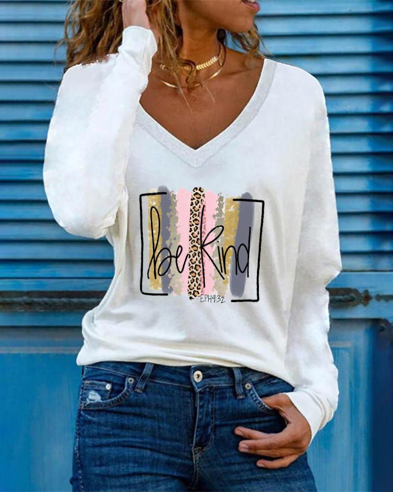 

Letter Print Long Sleeve V-Neck Top, White