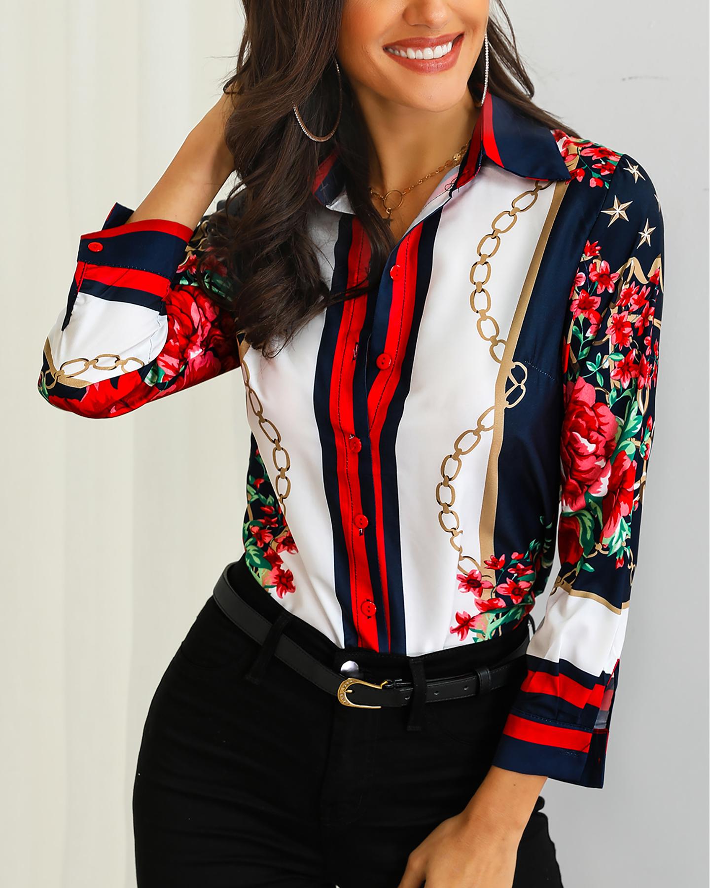 

Floral & Chains Print Casual Women Blouse, Red