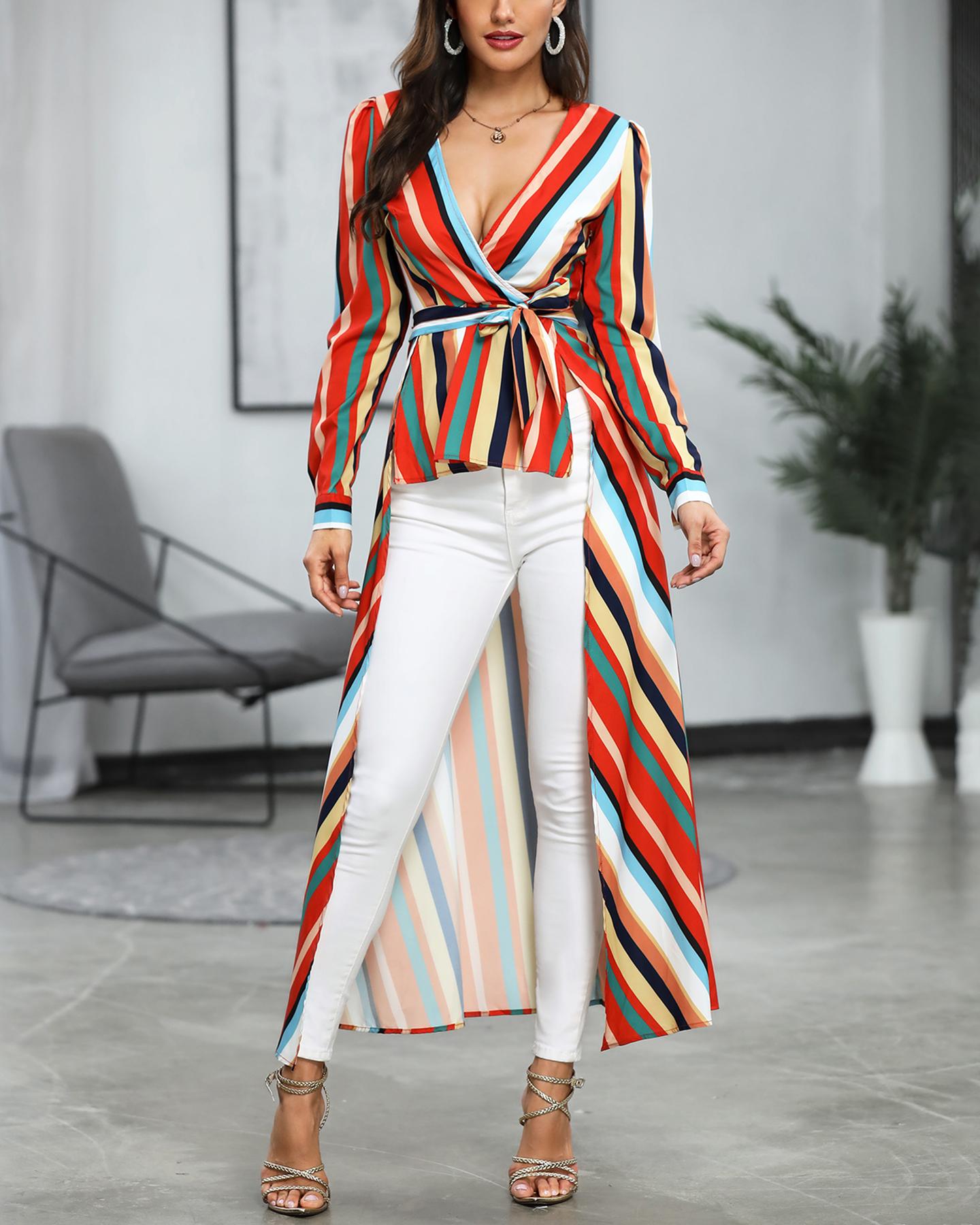 

Colorful Striped Ruffles Dip Hem Blouse, Multicolor