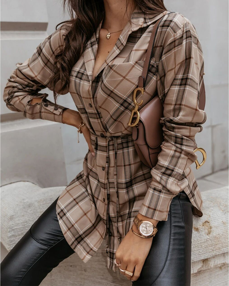 

Plaid Print Long Sleeve Button Down Shirt, Khaki
