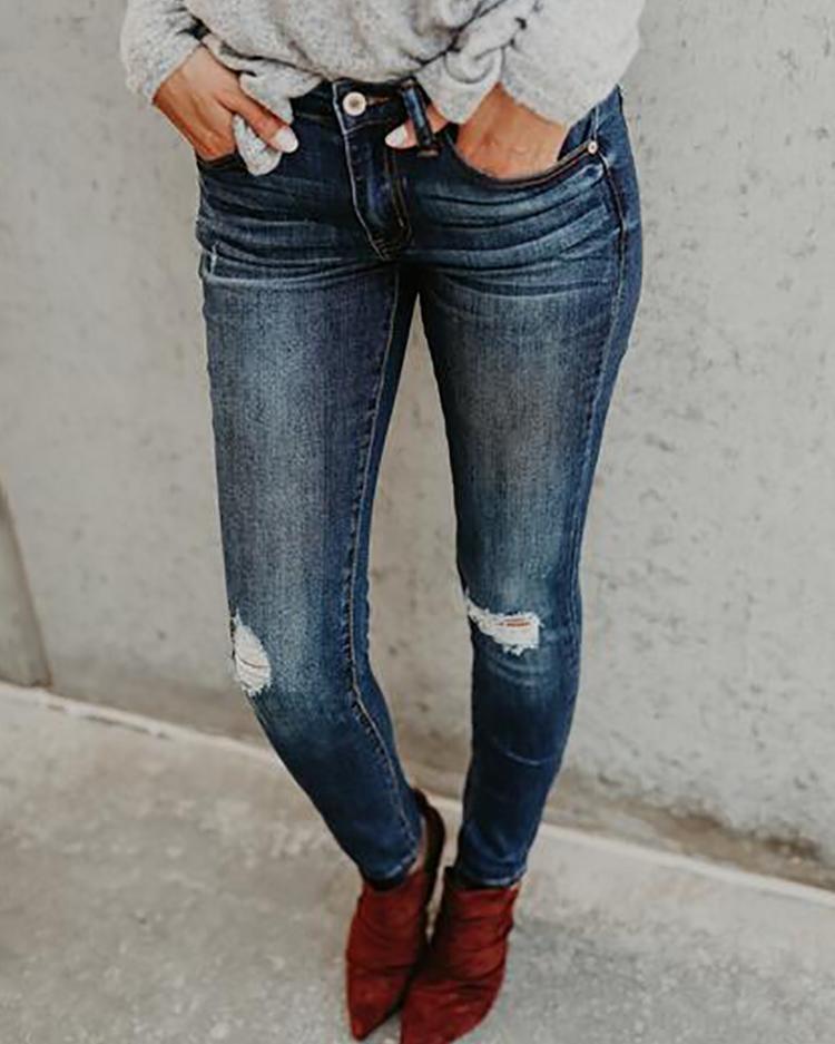 

Ripped Skinny Denim Jeans Pencil Pants, Dark blue