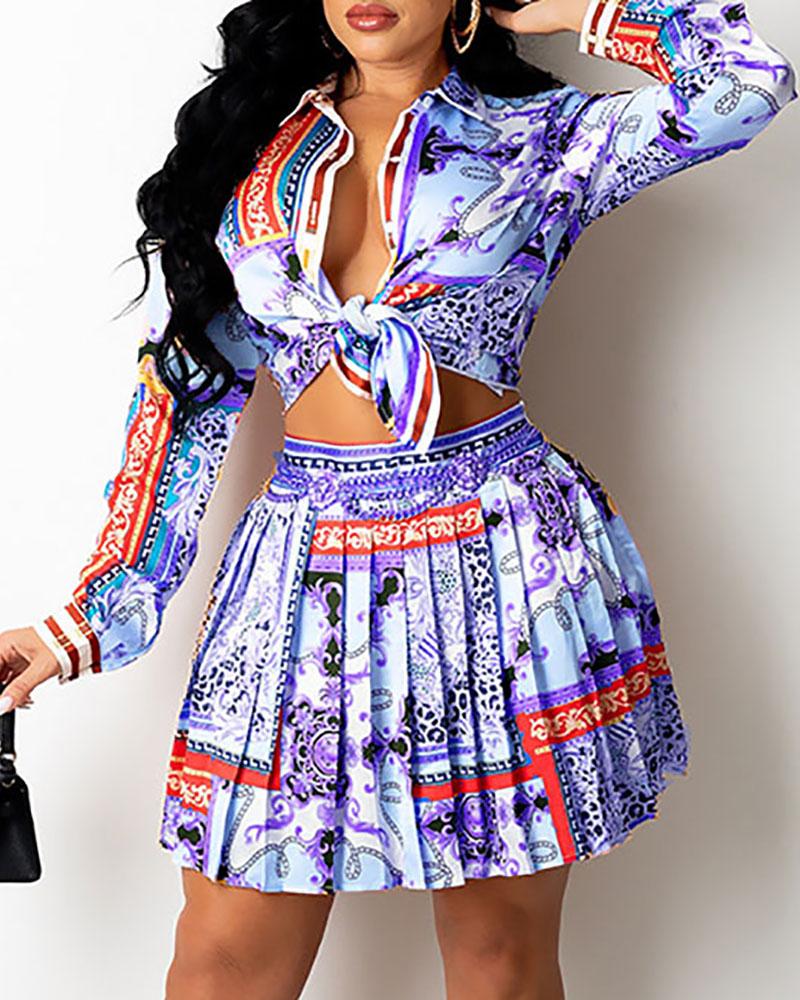 

Scarf Print Button Design Shirt & Pleated Skirt Set, Blue