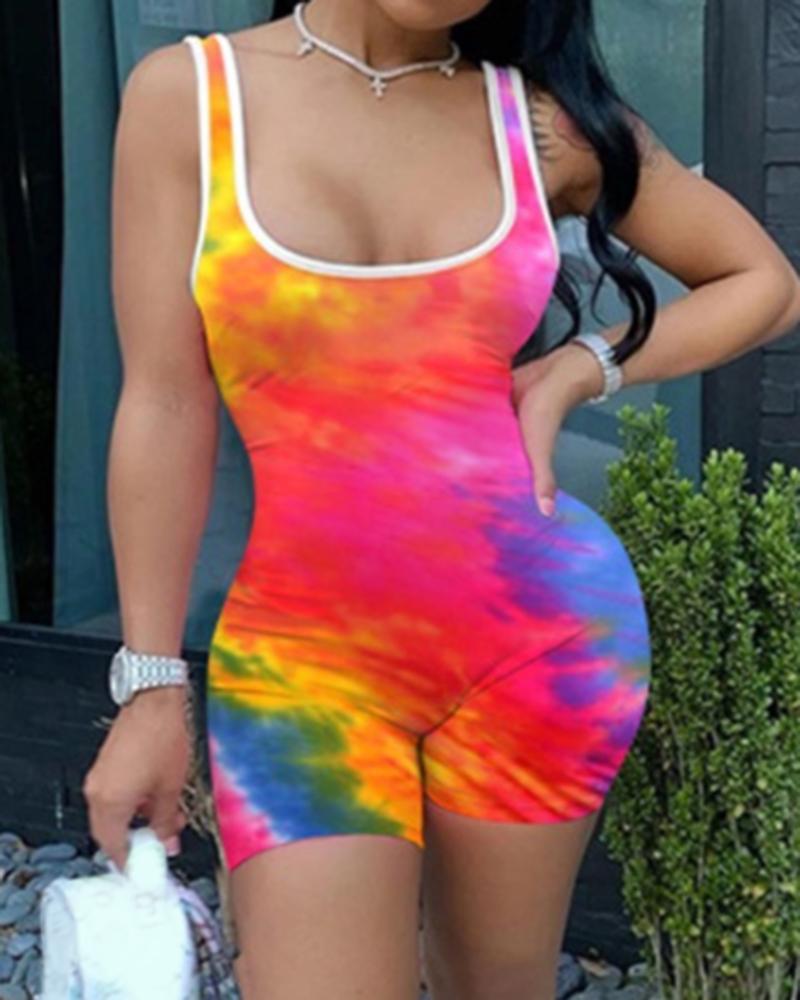 

Plus Size Tie Dye Print Contrast Binding Skinny Rompers, Multicolor