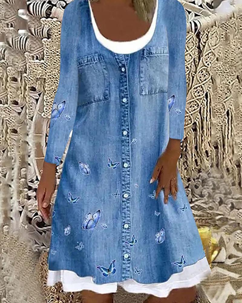 

Butterfly Print Buttoned Pocket Design Fake Two-Piece Denim Dress, Blue