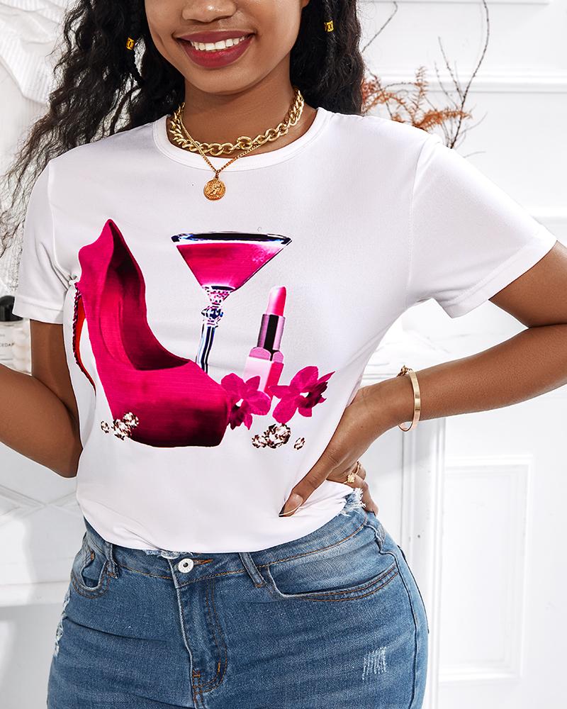 

Floral Graphic Print Short Sleeve T-Shirt, Style5