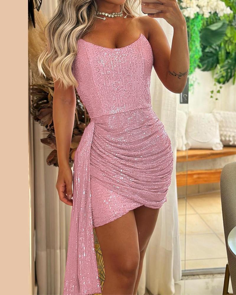 

Bandeau Asymmetrical Hem Ruched Sequin Party Dress, Pink