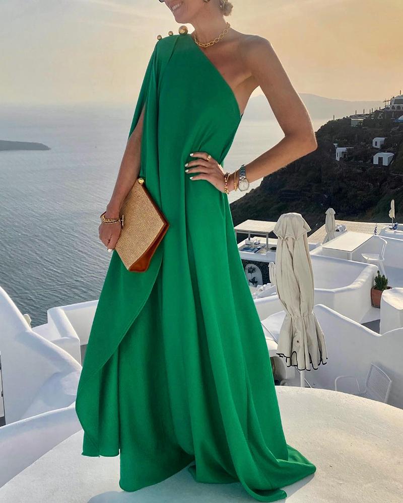 

One Shoulder Ruched Maxi Dress, Green