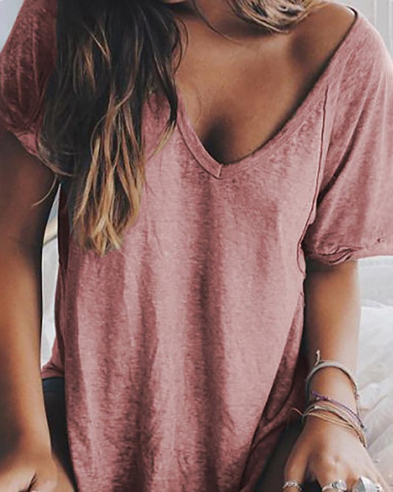 

Plain V-Neck Short Sleeve T-shirt, Pink