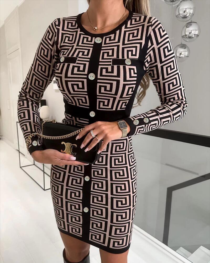 

Geometric Print Long Sleeve Work Dress, Khaki