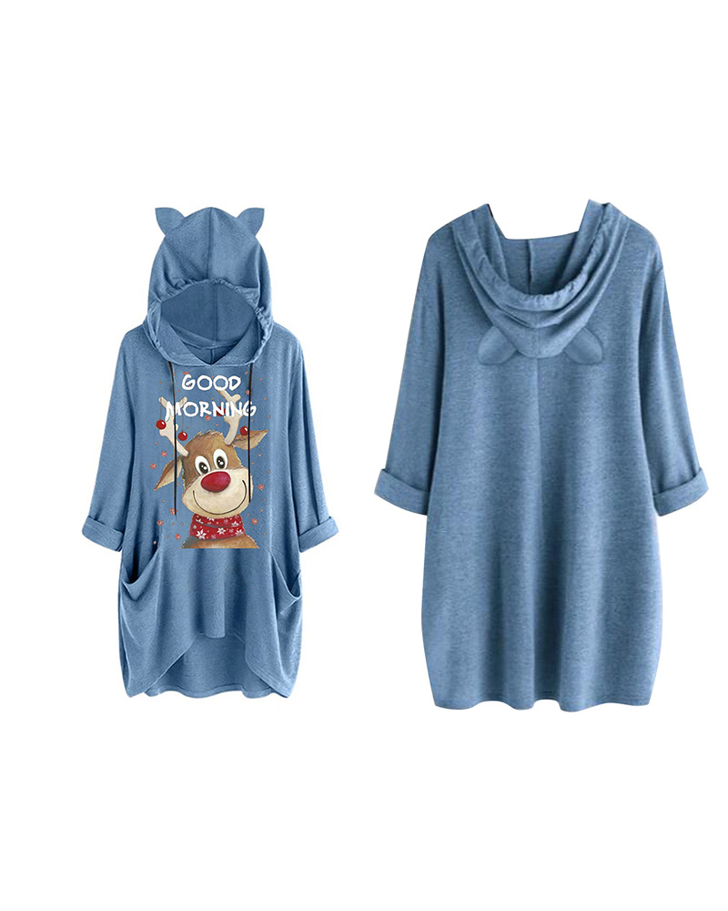 

Christmas Letter Moose Print Hooded Top, Blue
