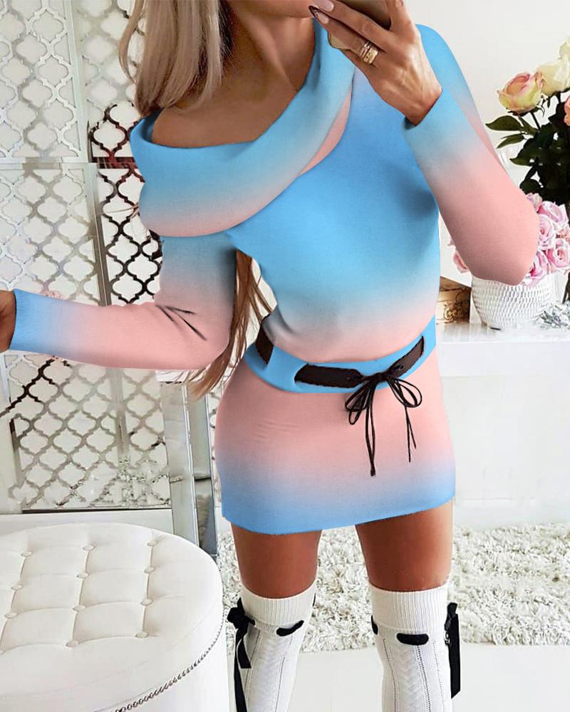 

Ombre Colorblock Cold Shoulder Long Sleeve Dress, Blue
