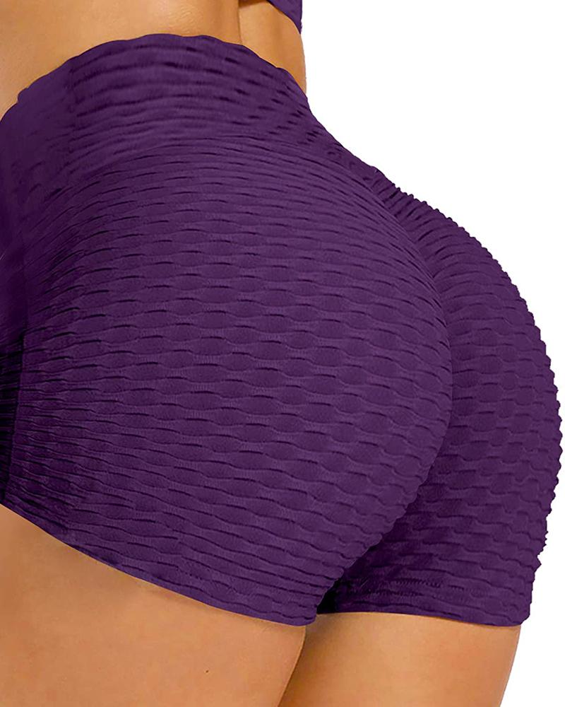 

High Waist Booty Shorts Butt Lifting Bubble Textured Yoga Shorts, Purple