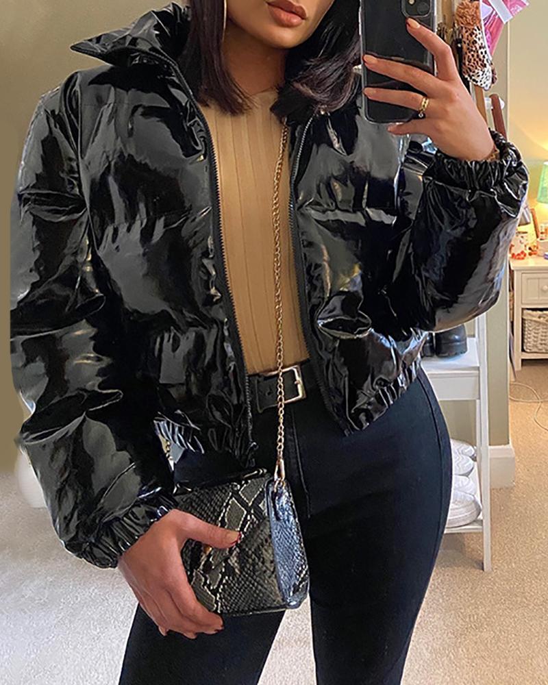 

Zipper Design Long Sleeve High Neck Gilet Puffer Jacket, Black