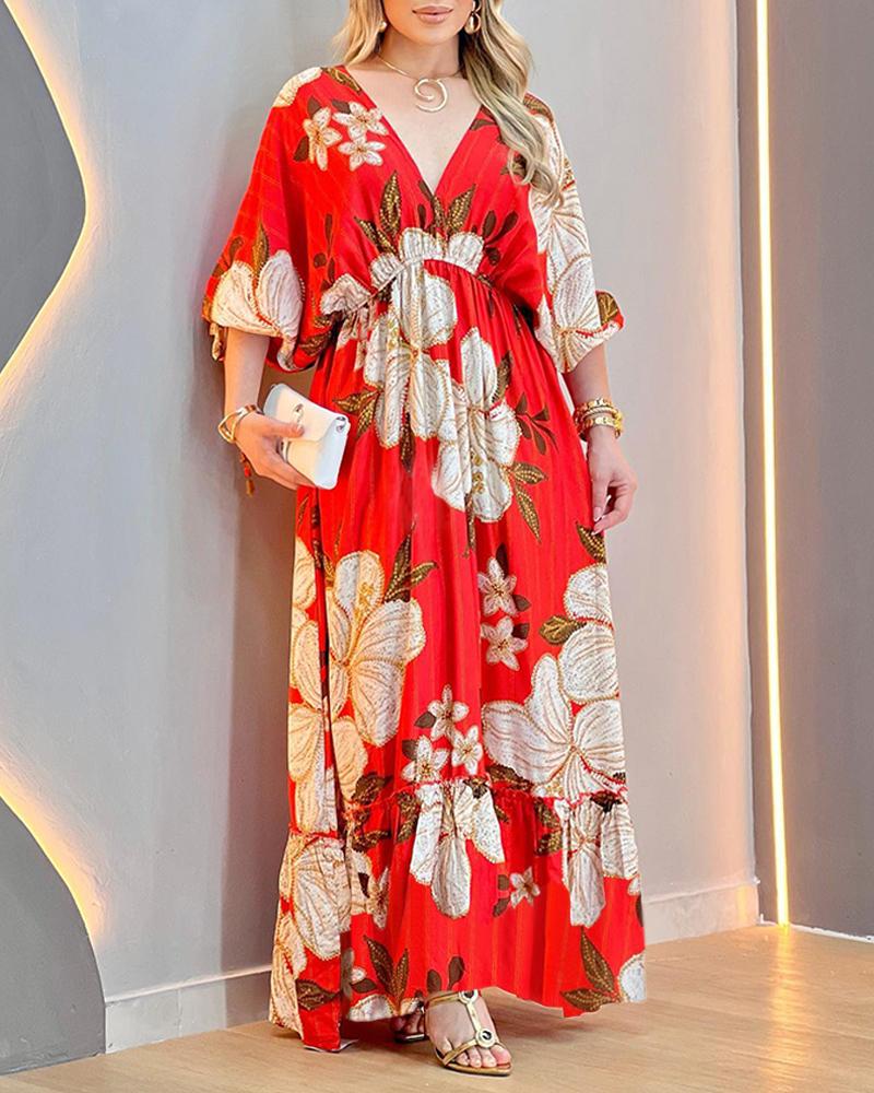 

Vestido longo com estampa floral, manga morcego, decote em V profundo, detalhe amarrado, cintura alta, vestido de férias, Red