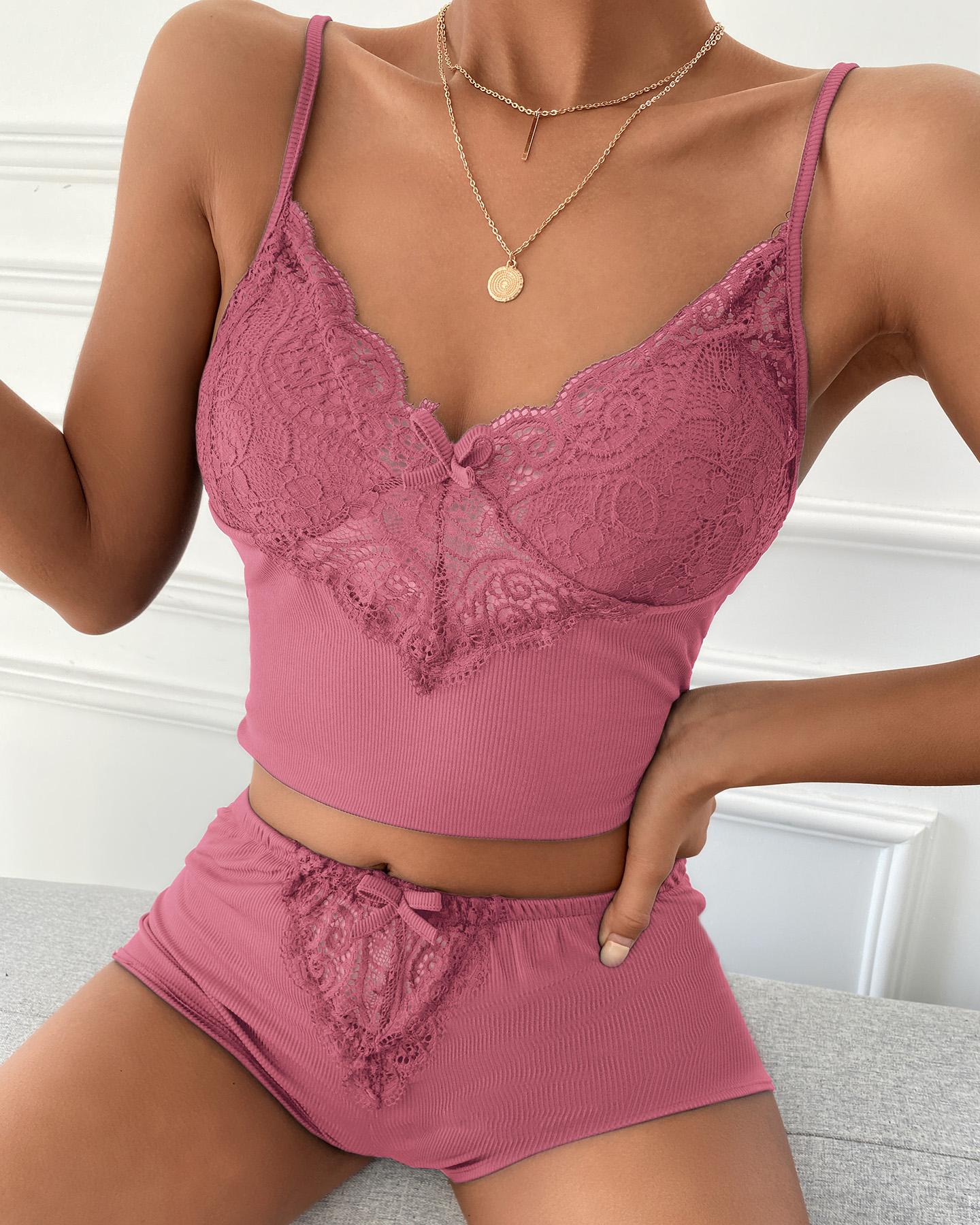 

Eyelash Lace Bowknot Decor Cami Set, Hot pink