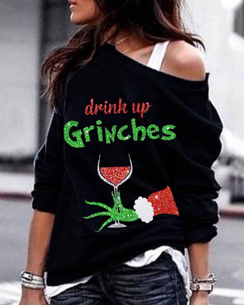 

Christmas Sequins Grinches Letter Pattern Long Sleeve Sweatshirt, Black