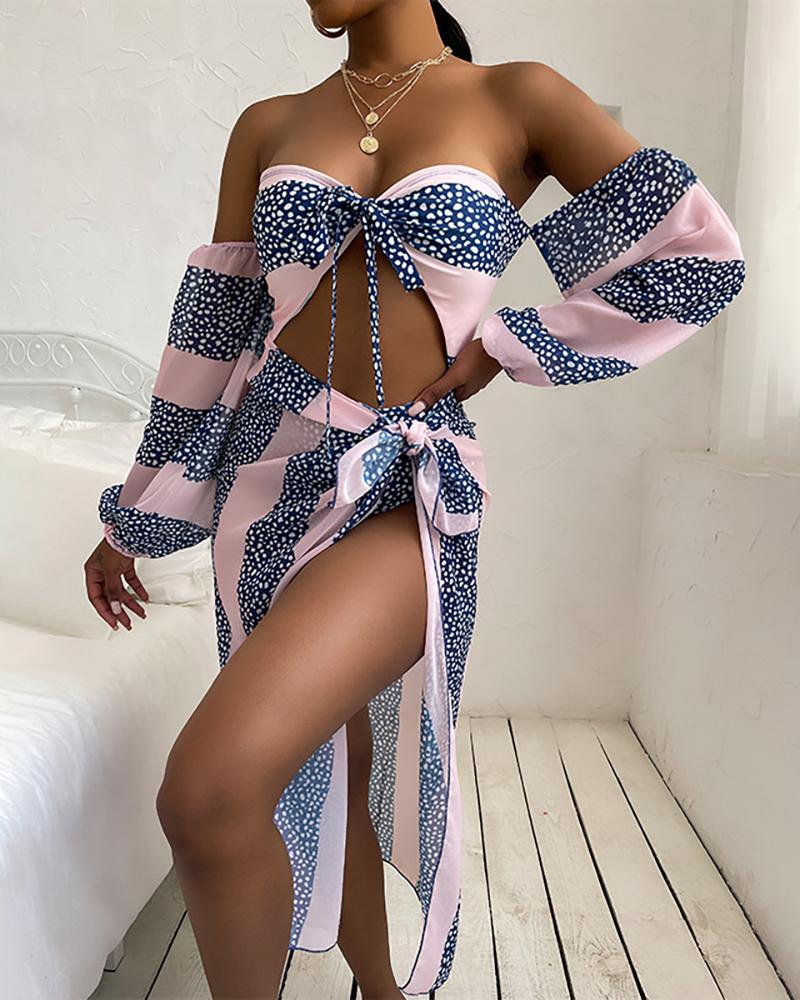 

Off Shoulder Polkadot Print Cutout One Piece Swimsuit With Cover Up, Blue