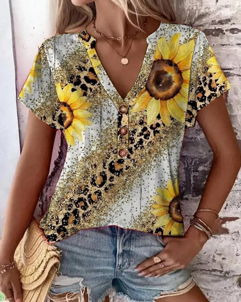 

Sunflower Leopard Print Buttoned Casual T-shirt, White