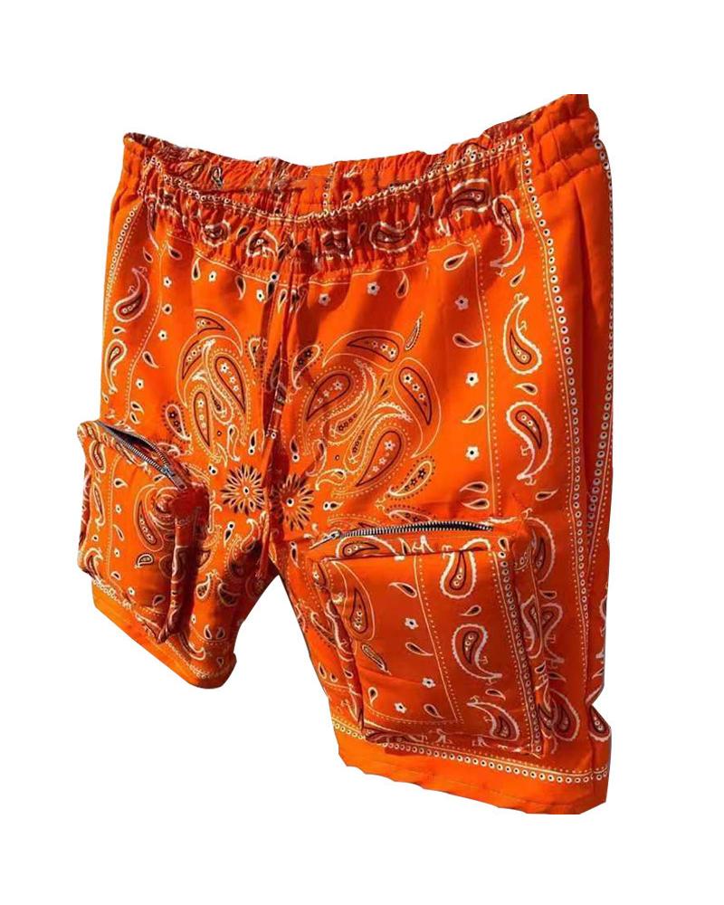 

Paisley Print Loose Drawstring Shorts, Orange