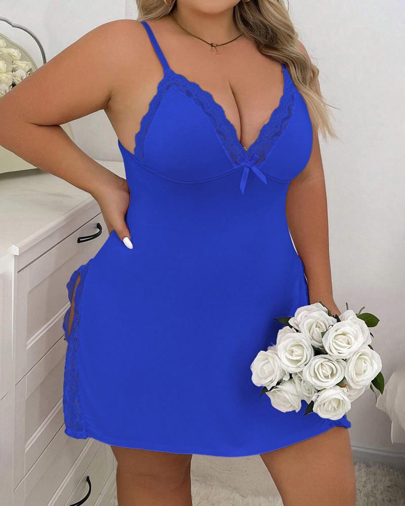

Robe de nuit fendue avec patch en dentelle et nœud papillon grande taille, Blue