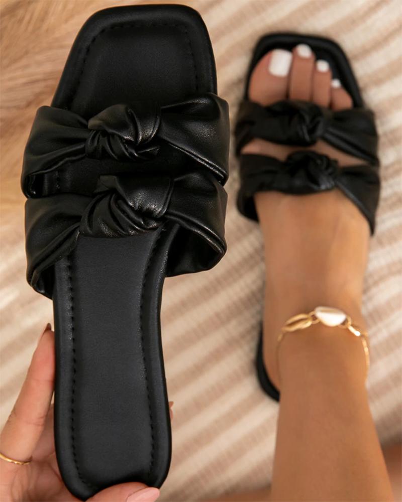 

Knotted Double Strap Square Toe Slippers, Black